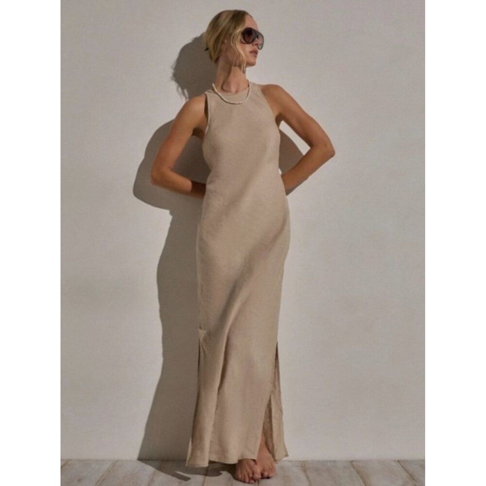 James Perse Los Angeles Linen Halter Maxi Dress Sleeveless Beige XS-0 290230